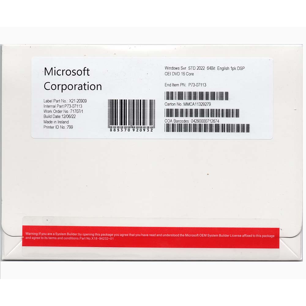Microsoft Windows Server 2022 Standard 16 core OEM DVD